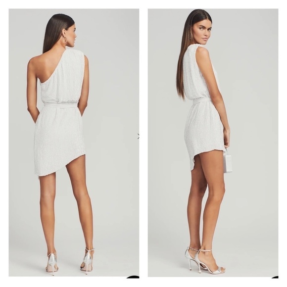 NEW RETROFETE Ella One Shoulder Sequin Mini Dress Tie Waist Moonglow White XS - Picture 3 of 12